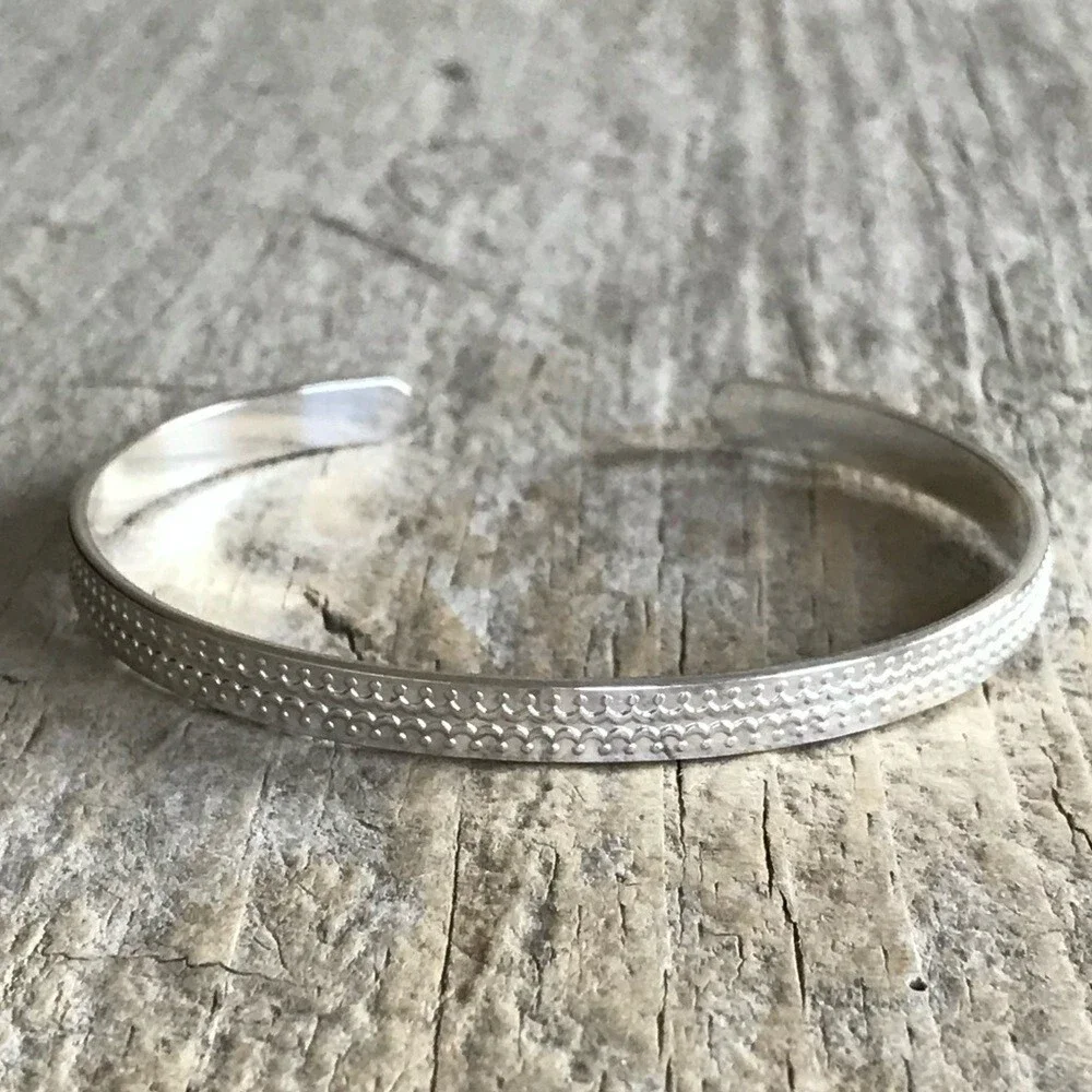 Shiny Sterling Silver Scalloped Open Cuff Bangle Handmade - 5.6mm Wide
